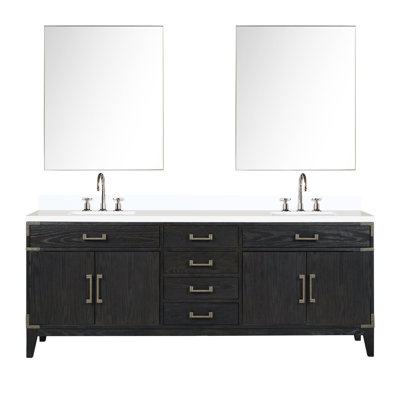 84 In. W X 22 D Black Oak Double Bath Vanity With White Quartz Top, Faucet , And 36 Mirrors - Hand Polished Twice Sealed Tops, Wide Featuring Faucet, Long Lasting Design