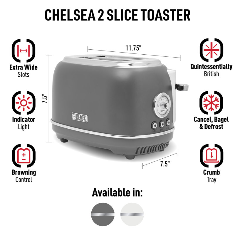 HADEN Chelsea 2 Slice Toaster Wide Slot with Removable Crumb Tray and Control Settings Chrome, Gray/Chrome