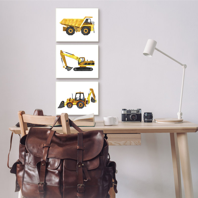 "Construction and DemOLion Camions" jaune par Ziwei Li - ensemble de 3 impressions, H 15 po x l 10 po, Plaque murale