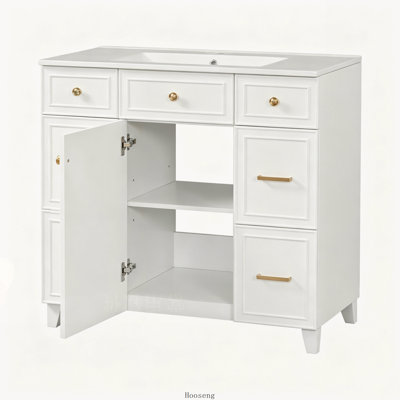 Meuble-lavabo blanc de 91 cm (36 pouces) avec lavabo en céramique, structure en bois massif, portes à fermeture amortie, étagères réglables et 3 tiroirs avec rangement pour sèche-cheveux.