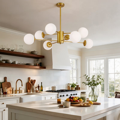 35.4"H 8-Light Mid-Century Sputnik Chandelier, Brass Gold Milk Glass Globe Pendant Light