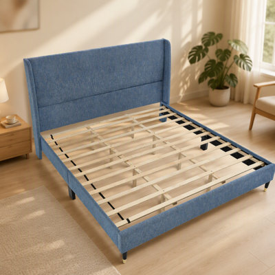 Rozitta Blue Fabric Wingback Platform Bed, King