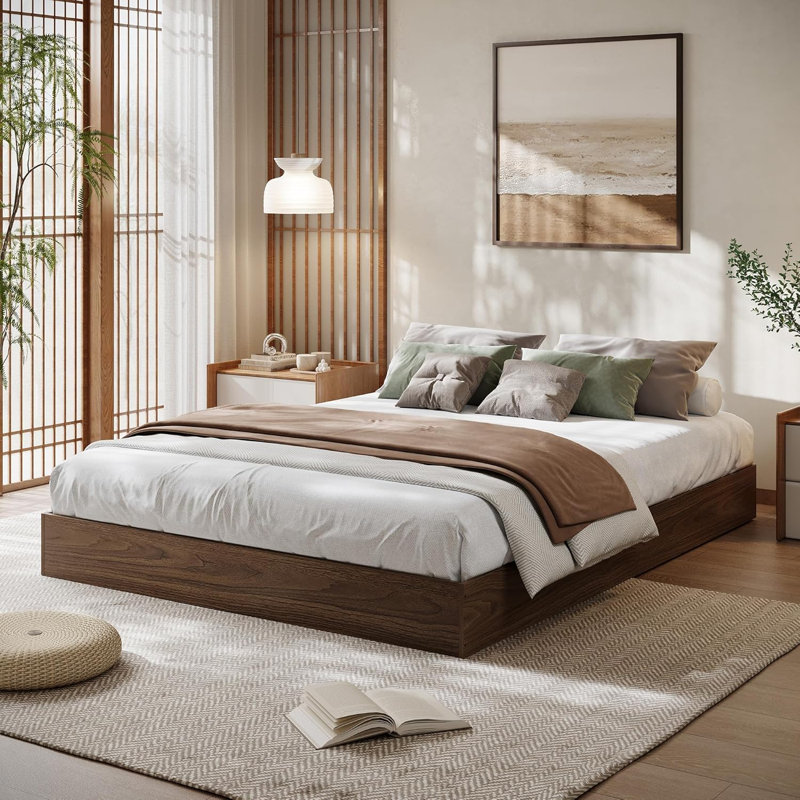 Wood Platform Bed w/ Sturdy Wooden Slats, Floor-Standing Bed Frame, Modern Minimalist Design Space-Saving Bed Frame, No Box Spring Needed