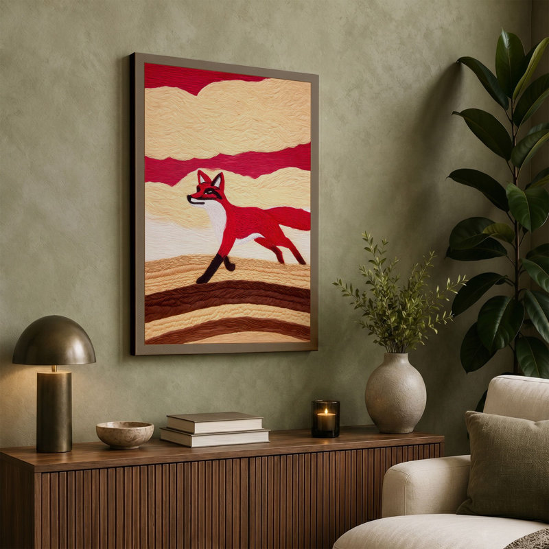 Crimson Fox On Hills Rustic - Print, 24x16 - 61.0 x 40.6 cm, Sage Border