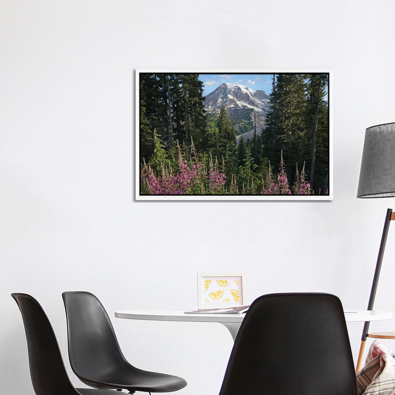 Fireweed Flowering And Mount Rainier, Mount Rainier National Park, Washington 1 Piece Wall Art on Canvas, White Framed
