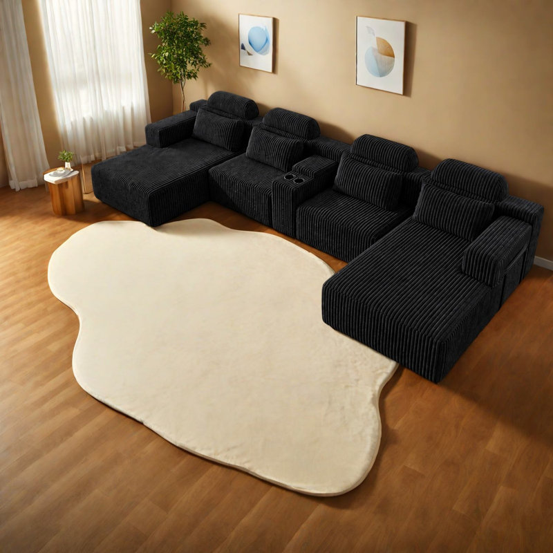 Compression Sofas with Storage, Black Corduroy Modern Large Home Theater