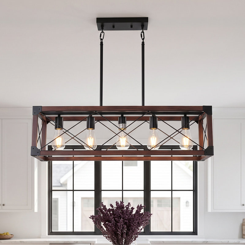 Luminaire suspendu 32 po en bois de noyer rouge rustique à 5 lumières pour îlot de cuisine 32 po, Naturel, Non