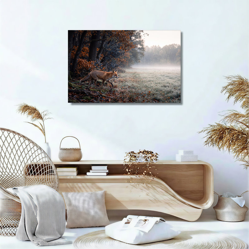 Art mural sur toile, "Red Fox Walking in Misty Autumn Forest", 12"H x 18"W
