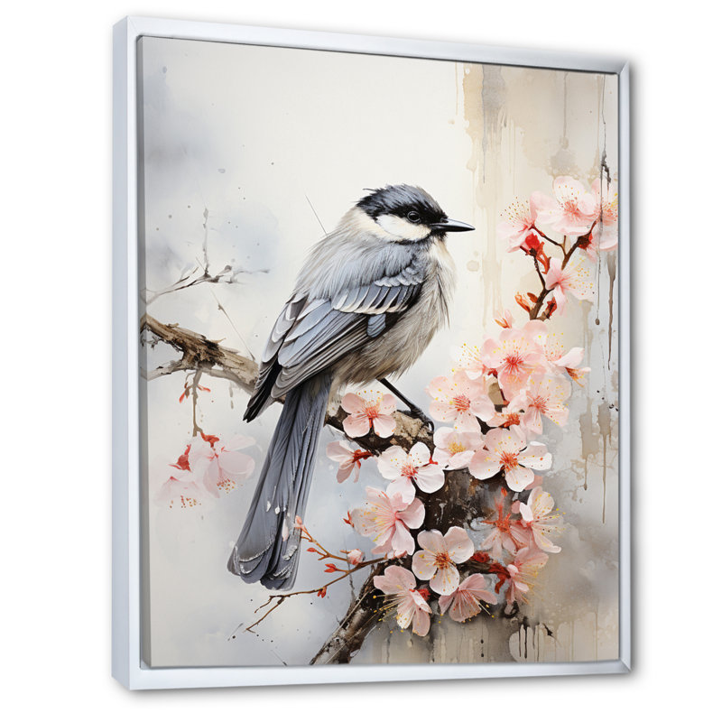 «Hovance Asian Art Bird Sumi I», reproduction sur toile, H 32 po x l 16 po x P 1 po, Cadre flottant blanc