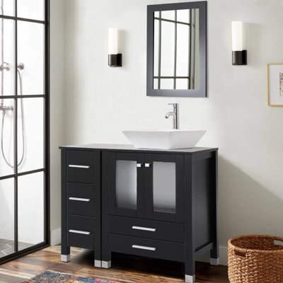 36 Single Bathroom Vanity with Wood Top, Vessel Sink, Zinc Alloy Faucet, Solid Wood Legs