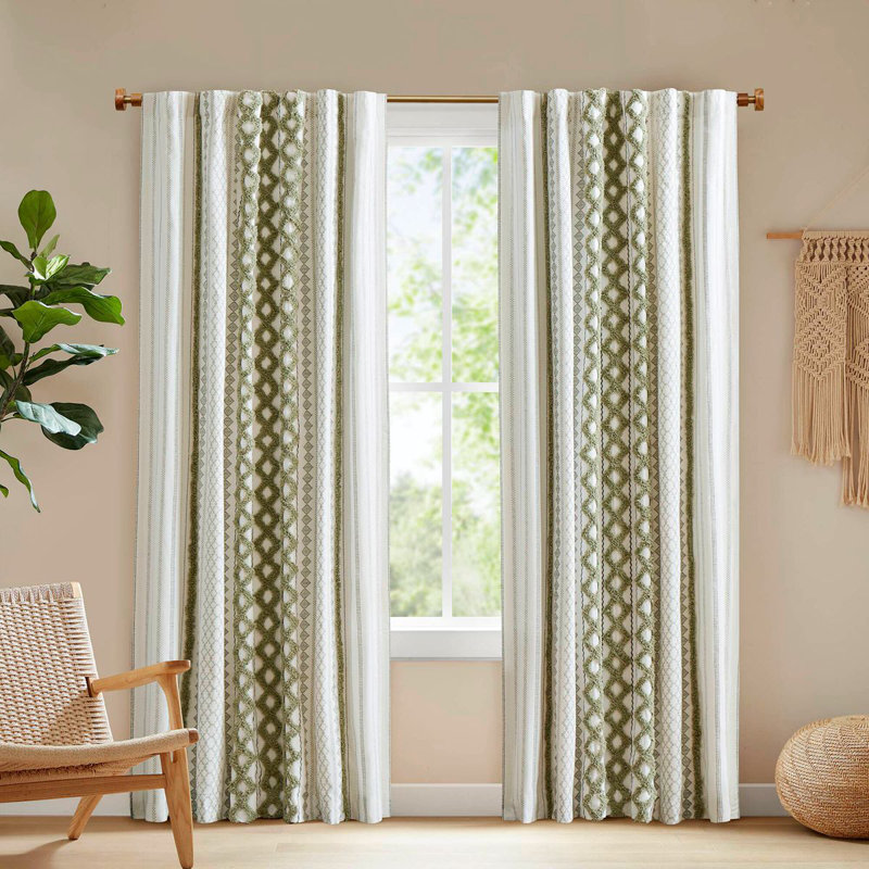 1 PCS 50X84" Cotton Printed Curtain Panel With Chenille Stripe And Lining, 50" W x 84" L, Green