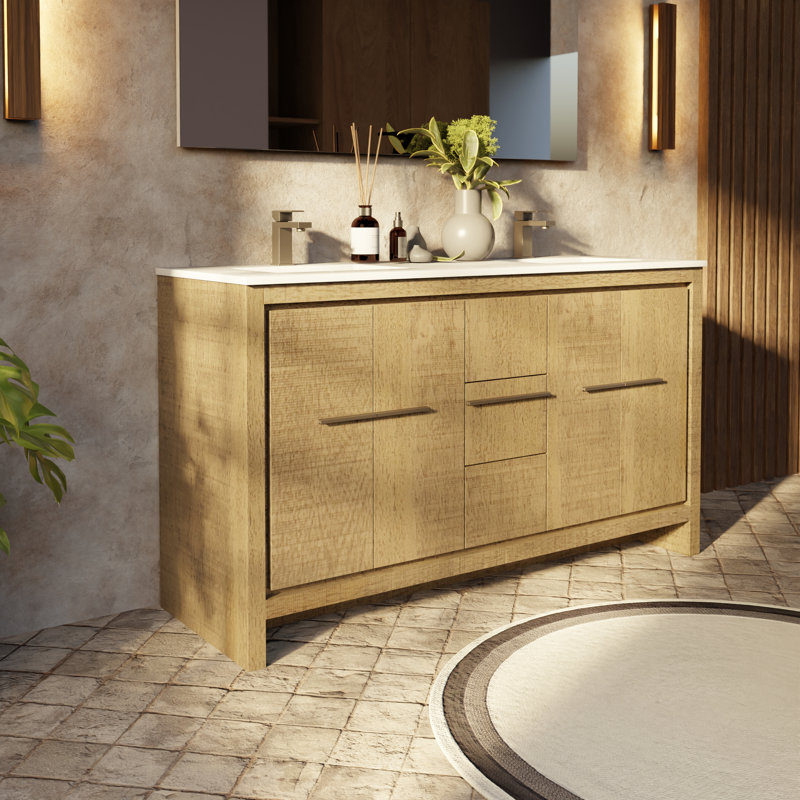 Ensemble de meuble-lavabo double l 60 po x P 20 po Lafarre, Acacia rustique, Marbre de culture blanc