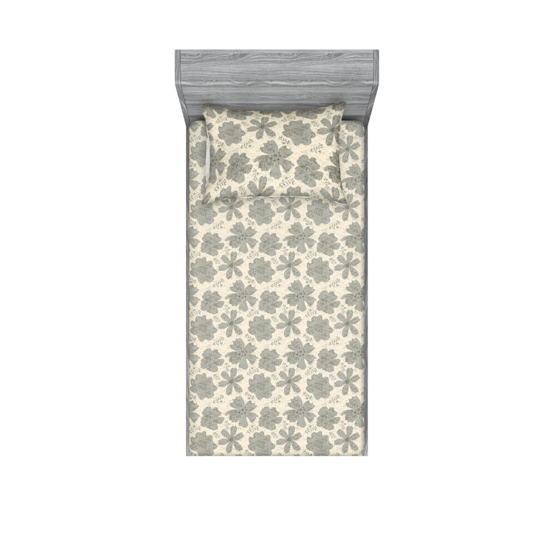Ambesonne Fitted Sheet & Shams, Gray/Teal/Cream Flower, Twin Sheet Set with 1 Pillowcase
