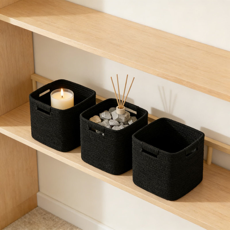 Collapsible Storage Baskets 3-Pack, 11 Inch Woven Cotton Rope Organizer Bins For Shelves, Closet, Nursery, And Home Organization