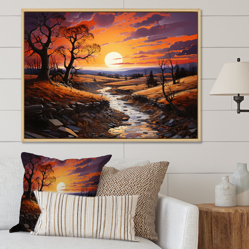 Coucher de soleil peint ciel pastoral, H 12 po x l 20 po x P 1 po, Cadre naturel flottant