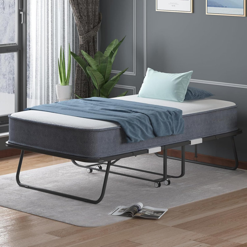 Lit pliant avec matelas en mousse de 4 po - lit pliant, lit d'invité peu encombrant avec roues verrouillables, lit d'appoint pliable portable pour adultes