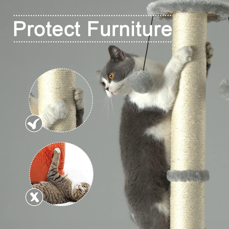 32" Tall Light Gray Sisal Cat Scratching Post with Hanging Ball and Brush