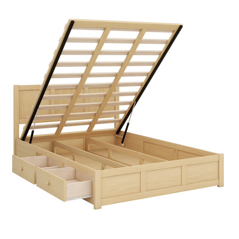 Lit plateforme en bois avec rangement et tiroirs Shanque, Grand, Naturel