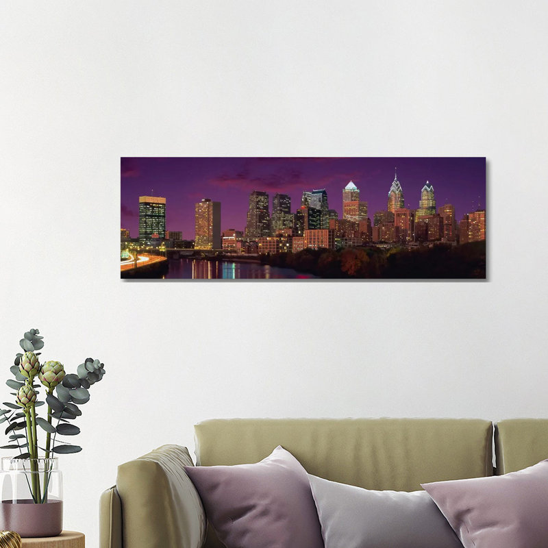 Philadelphia Panoramic Skyline Cityscape (Sunset) 1 Piece Wrapped Canvas Panoramic Wall Art