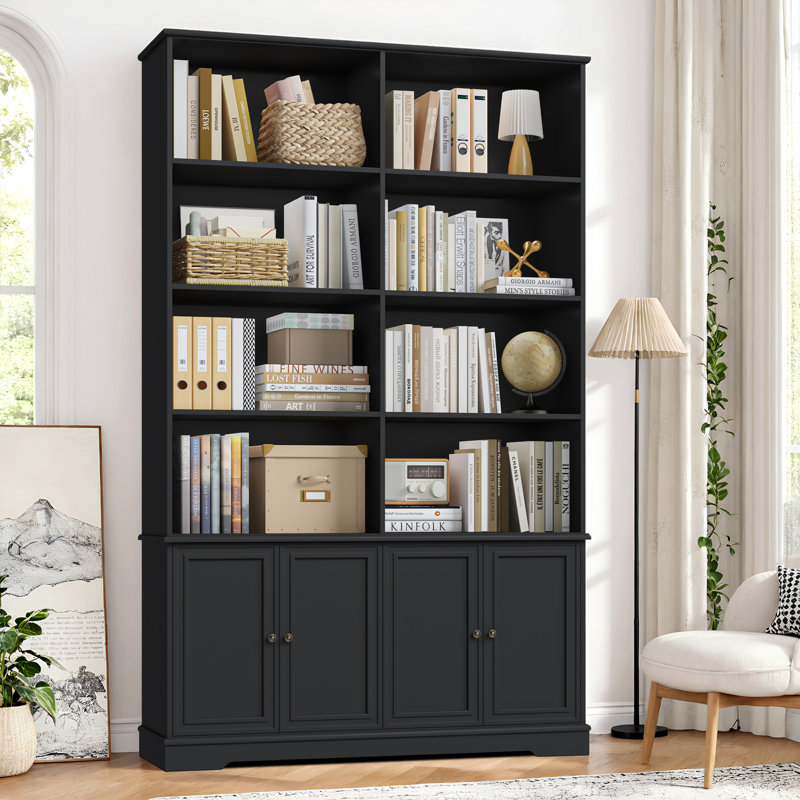 72.8" H x 47.2" W Mid-Century Modern Wood Bookcase with 4 Doors, Double Row Library Storage, Black