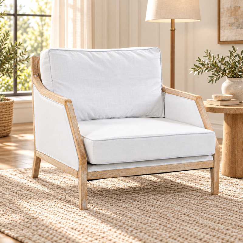 Fauteuil d'appoint surdimensionné en bois massif Farmhouse, méridienne confortable pour l'espace de vie intérieur, White, 1