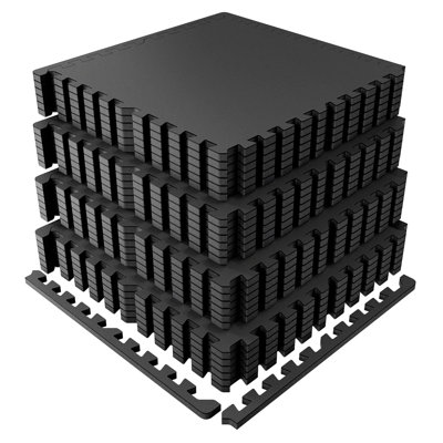 0.56" Thick Interlocking Gym Floor Tiles, 24 Pack Covers 96 Sq Ft Dual-Layer EVA Foam & EPDM Rubber Puzzle Exercise Mats, Non-Slip Shock Absorbing Heavy Duty Home Gym Flooring, Black