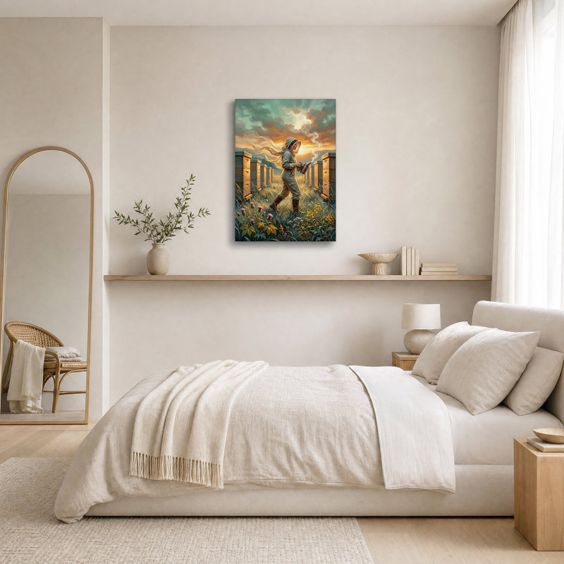 «Beekeeper Walking Entre Wooden Hives at Sunset», art mural sur toile, H 18 po x l 12 po
