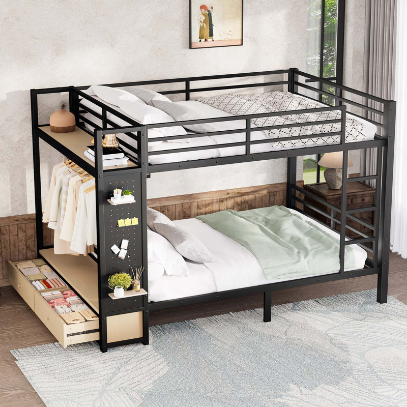Grand lit superposé en métal pour les adolescents avec tablettes de rangement, tiroirs et panneau perforé, noir, Grand lit