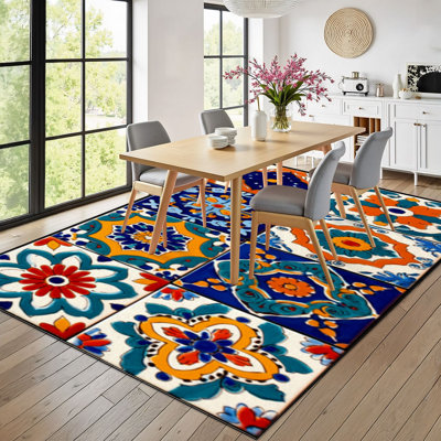 10x14 Mexican Area Rugs for Bedroom Colorful Floral Geometric Tile Mediterranean Boho Washable Rug for Living Room Carpet for Dining Room Soft Rubber Backed Non-Slip Carpets for Nursery Office