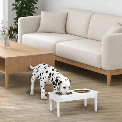 Mangeoire blanche surélevée pour chien, support en panneau de fibres à densité moyenne avec deux bols amovibles en acier inoxydable pour petits et moyens chiens
