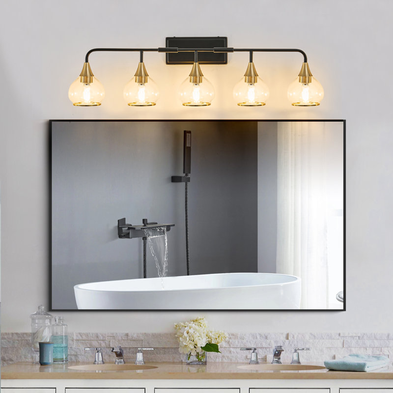 Applique murale moderne 40 po à 5 lumières pour meuble-lavabo 40 po - Luminaire de salle de bain noir et doré avec abat-jour en verre transparent, lampe murale industrielle pour miroir, meuble-lavabo et espaces de vie