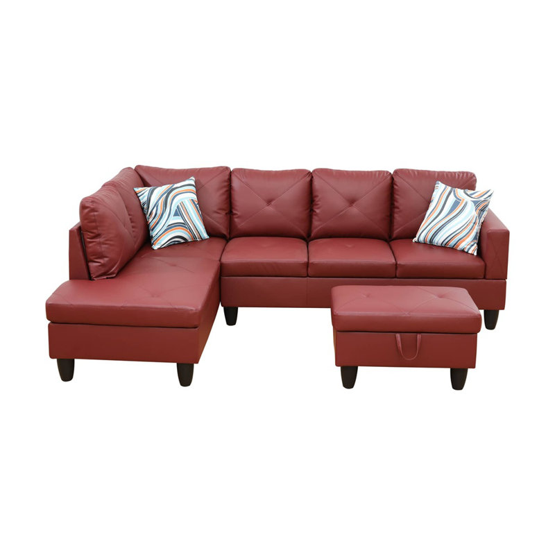 Halid Wide Sofa & Chaise with Ottoman, Left Hand Facing, Faux Leather Burgundy