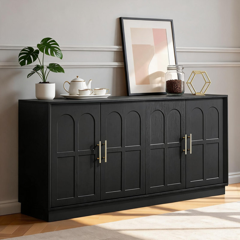 High-End Black Modern Arched Sideboard, Solid Wood, Large Capacity Design, Suitable For Both Living Room, Entryway, And Hallway Decoration And Storage.