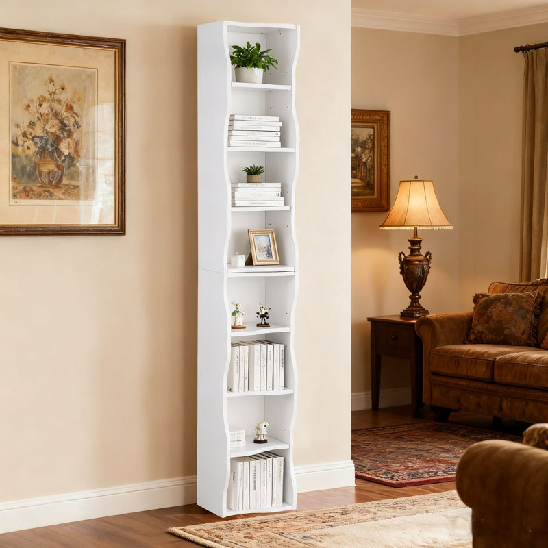 Tall Narrow Wave Edge Bookcase, Freestanding Display Shelf for Home Office, Multiple Colors, White