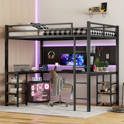 Full XL Metal Loft Bed With Desk And Shelves, Loft Bed With Ladder And Guardrails, Loft Bed Frame