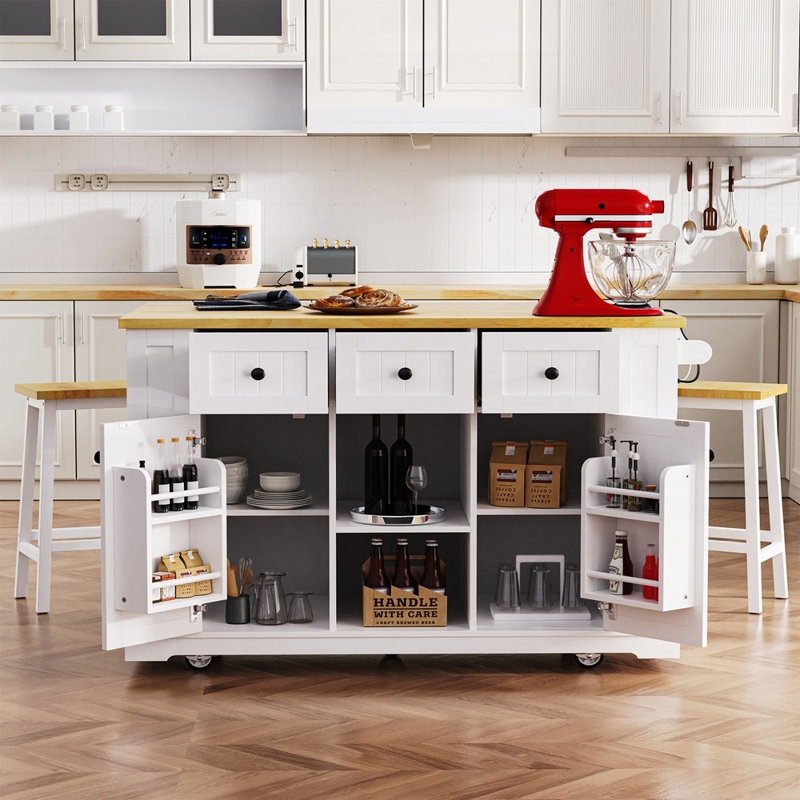 Large Kitchen Island with 2 Bar Stools, Power Outlet, and Ample Storage on 5 Wheels, Perfect for Modern Kitchens and Dining Rooms