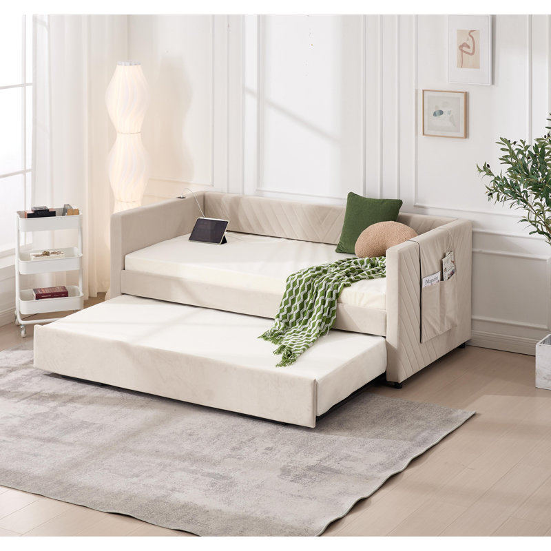Twin Size Upholstered Daybed With Trundle,USB Port ,Side Pockets, Modern V-Grained Backrest Design,No Box Spring Needed, For Bedroom, Guest Room ( Beige, Twin)