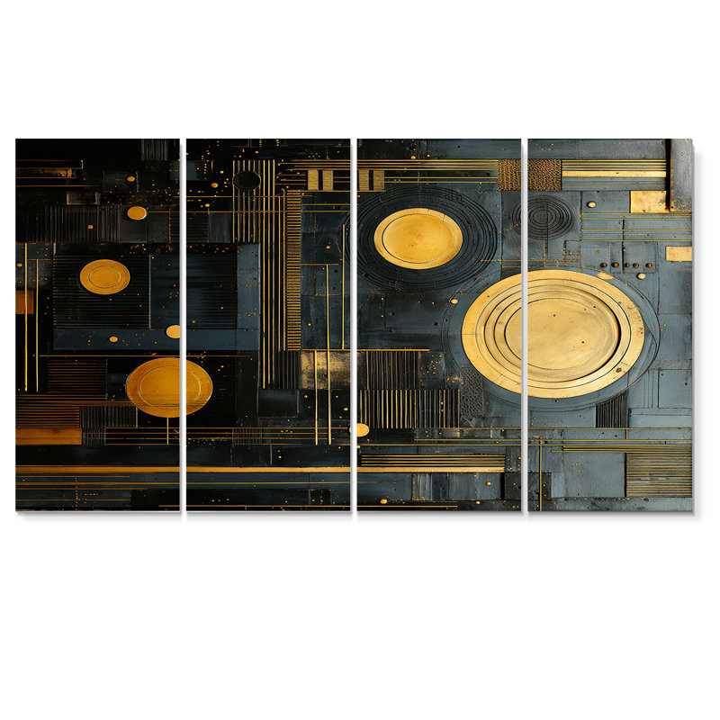 Golden Moon Art Nouveau Collage - Art mural décoratif géométrique 4 pièces, H 32 po x l 64 po