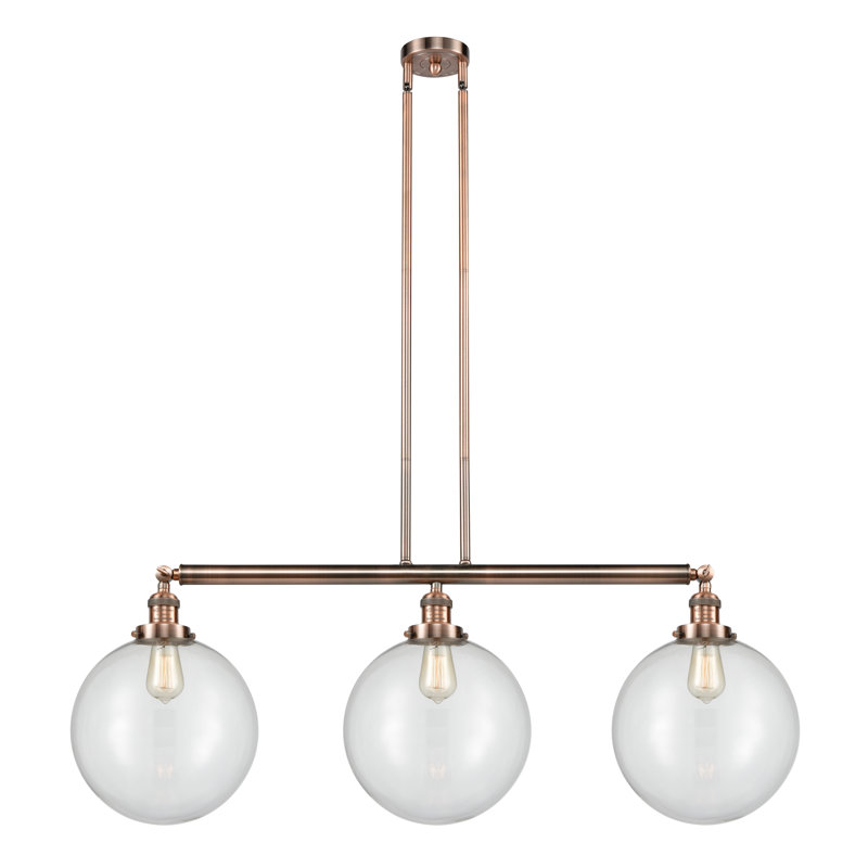 Luminaire suspendu pour îlot de cuisine 3 lumières Penman, Ampoule non incluse, Transparent, Cuivre antique