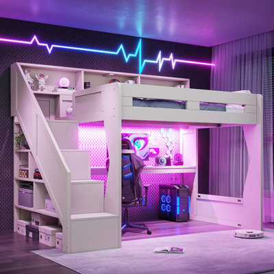 Lit mezzanine double en bois massif avec escalier de rangement, tablettes de tête de lit ouvertes, lumière DEL et bureau de chargement USB
