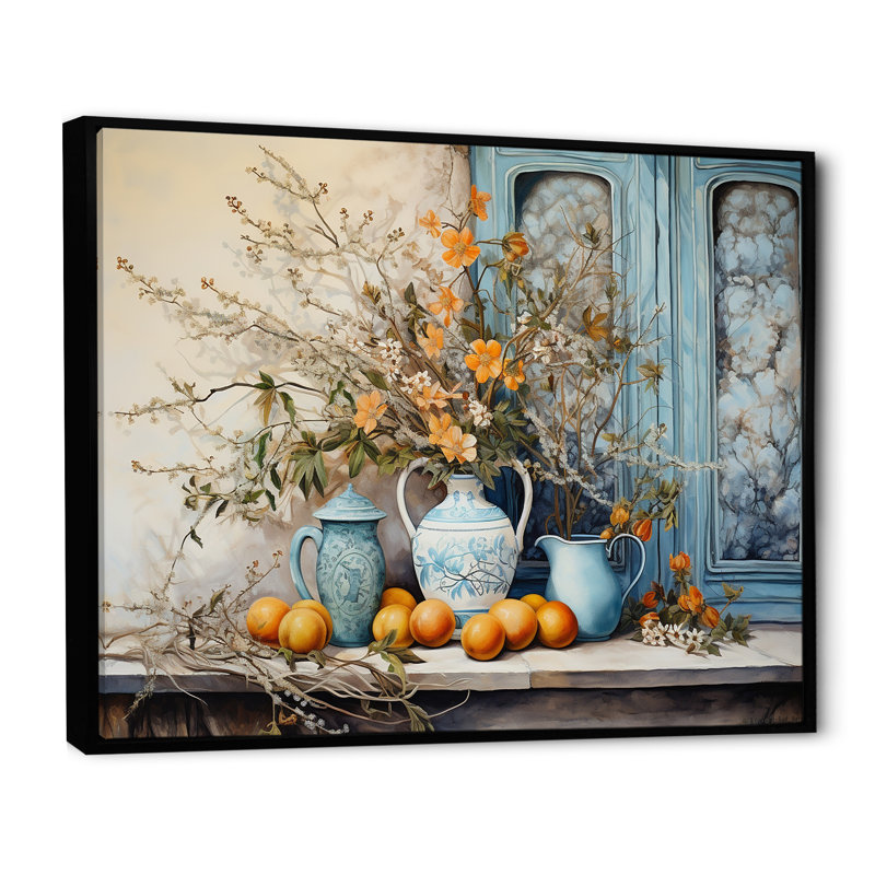 Vase à fleurs oranges campagne - Décoration murale fleurs, Reproduction avec cadre flottant, H 34 po x l 44 po, Noir