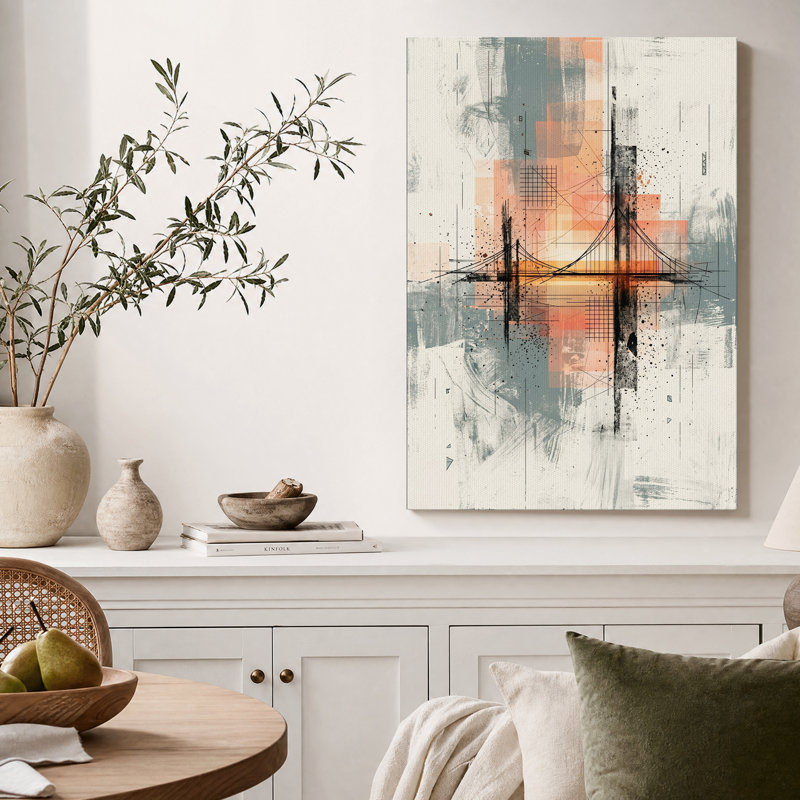 Tableau abstrait orange sur toile représentant un pont suspendu, H 48 po x l 36 po