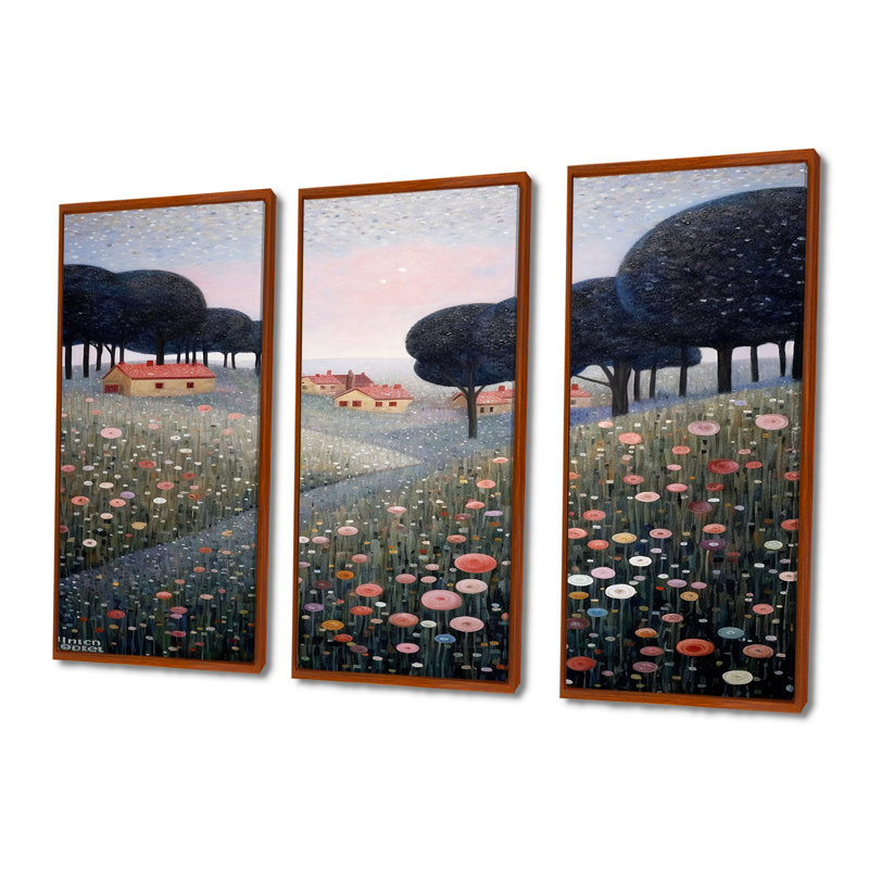 «Blooming Wildflowers In Countryside Town», ensemble d'art mural prairie, H 28 po x l 36 po x P 1 po, Cadre flottant brun
