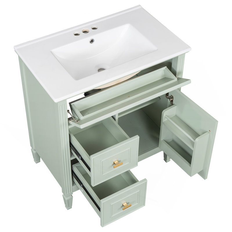 Meuble-lavabo 30 po avec lavabo, meuble-lavabo avec un tiroir rabattable et deux tiroirs, tablette réglable, bois et panneau de fibres à densité moyenne, vert