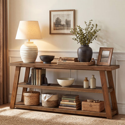 Console à 3 niveaux en bois massif pour entrée, table d'appoint étroite de 160 cm à placer derrière le canapé