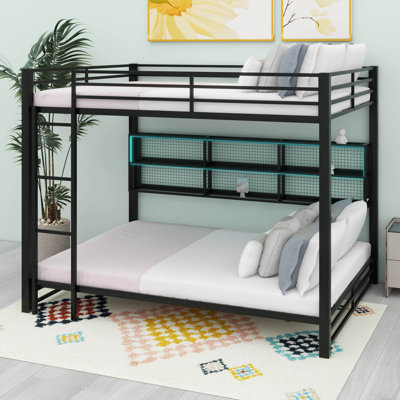 Metal Queen Over Queen Bunk Bed With Storage Cabinets And LED