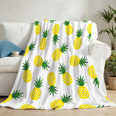 Jeté en flanelle verte très douce, ananas jaune avec imprimé recto