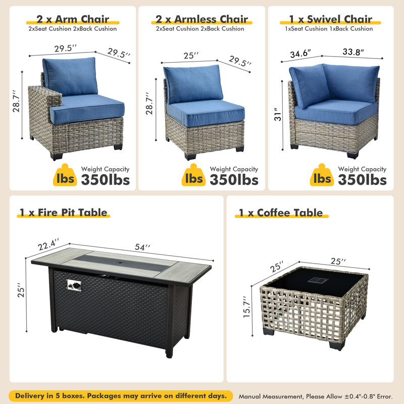 5-person  Outdoor Sectional With Cushions,led Coffee Table And Fire Pit,all-weather Wicker Patio Set, Denim Blue