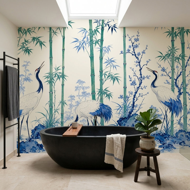 Papier peint mural de grue chinoiserie, oiseau en bambou bleu et blanc, style botanique, 140"x108", Non-Woven Nonpasted