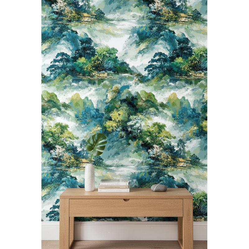 Papier peint traditionnel paysage verdoyant d'inspiration asiatique